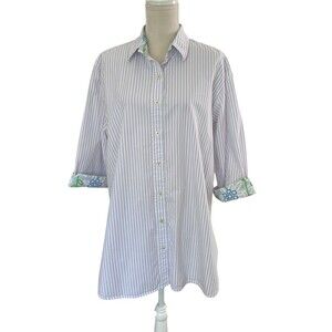 Lilly Pulitzer Long Tunic Button Down Blouse Women's Lg 100% Cotton Blue Stripe